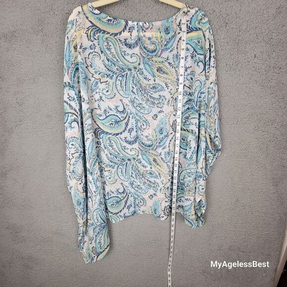 Chico's Cover-up Poncho Womens L XL Blue White Paisley Side Tie Sheer Angled - Picture 8 of 16